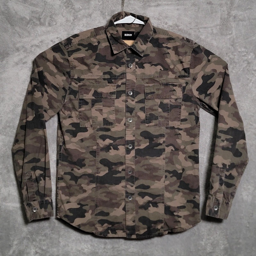 Hudson Gage Shirt Mens Small Green Brown Camo Military Ripstop Outdoor Casual